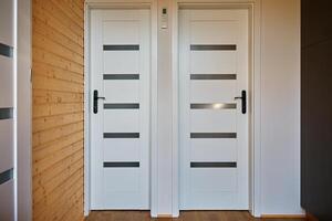 Two white wooden doors in modern apartment photo