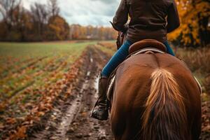 lado de caballo paseo mediante otoño campos. mujer montando caballo foto