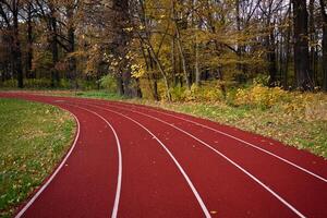 Red runninng race track with lanes at autumn park photo