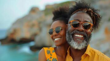 ai generado hombre y mujer vistiendo Gafas de sol foto