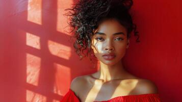 AI generated Woman With Red Lipstick on a Red Background photo