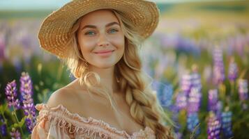 AI generated Woman in Straw Hat in Field of Flowers photo