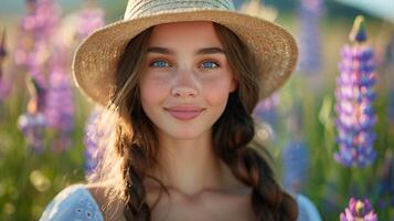 AI generated Woman in Straw Hat in Field of Flowers photo