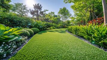 AI generated Lush Green Lawn With Trees and Bushes photo