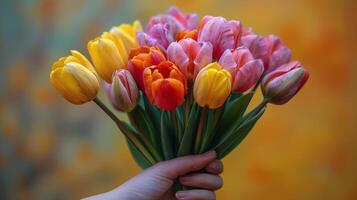 AI generated Hand Holding Colorful Tulip Bouquet photo