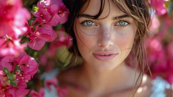 AI generated Woman With Blue Eyes Among Pink Flowers photo