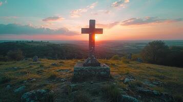 AI generated Cross Silhouetted Against Sunset on Hilltop photo