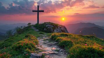 AI generated Cross Silhouetted Against Sunset on Hilltop photo