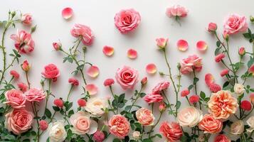 AI generated Pink Roses and Green Leaves on White Background photo