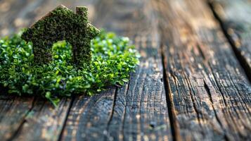 AI generated Grass House on Wooden Table photo