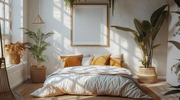 AI generated Modern Bedroom With Bed, Plants, and Mirror photo