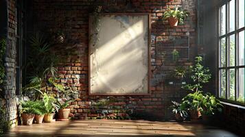 AI generated Room With Brick Wall and Abundant Plants photo