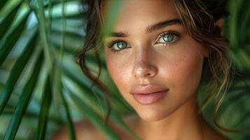 AI generated Beautiful Young Woman Among Green Leaves photo