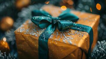 AI generated Gold Gift Box With Green Bow photo