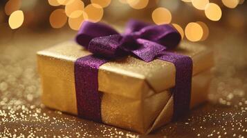 AI generated Gold Gift Box With Purple Ribbon photo