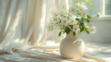 ai generado blanco florero con blanco flores en cama foto