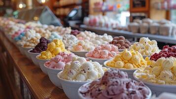 ai generado fila de bochas lleno con varios hielo crema sabores foto