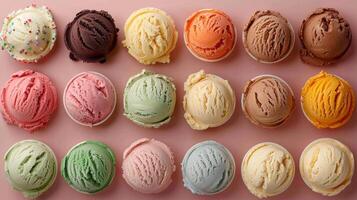 AI generated Assorted Colorful Ice Creams on Pink Surface photo