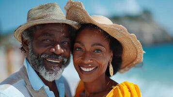 AI generated Man and Woman Standing in Water at Beach photo