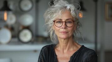 ai generado mujer vistiendo lentes en pie en cocina foto