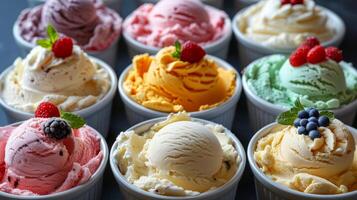 AI generated Assorted Ice Cream Cups Ready for Enjoyment photo