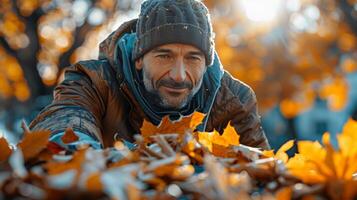 ai generado hombre caminando mediante hojas con Escoba foto