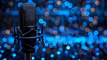 AI generated Microphone on Blue Background photo