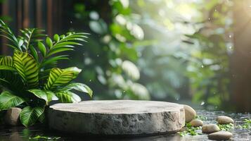 AI generated Marble Plate Surrounded by Green Leaves photo