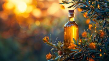 AI generated Olive Oil Bottle on Tree Branch photo