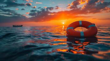 AI generated Life Preserver Drifting in Ocean Sunset photo