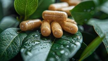 AI generated Wooden Bowl Filled With White Pills and Green Leaves photo