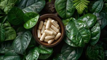 AI generated Wooden Bowl Filled With White Pills and Green Leaves photo