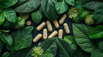 AI generated Heap of Green Leaves With Capsules photo