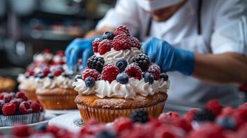 AI generated Pastry Chef Decorating Cupcakes With Fresh Berries photo