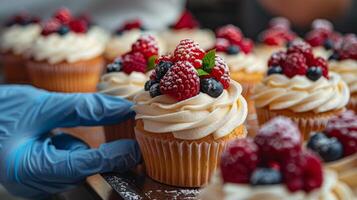 AI generated Tray of Cupcakes With Fresh Fruit photo