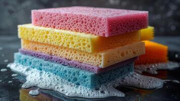 AI generated Colorful Sponges Stack on Table photo