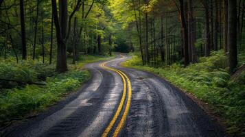 ai generado la carretera mediante denso bosque foto