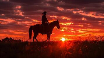 ai generado hombre montando caballo en campo a puesta de sol foto