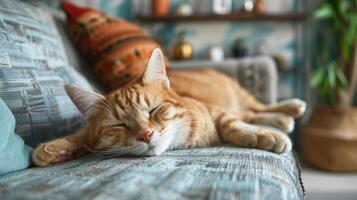 AI generated Cat Sleeping on Couch by Potted Plant photo