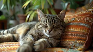 ai generado gato descansando en sofá siguiente a en conserva planta foto