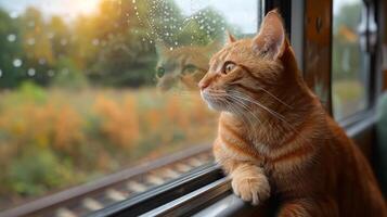ai generado gato sentado en ventana umbral, mirando fuera foto