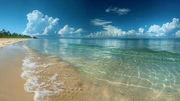 ai generado arenoso playa con claro azul agua foto