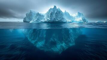 ai generado masivo iceberg a la deriva en Oceano Cloudscape foto
