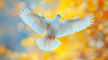 ai generado blanco pájaro volador en aire foto