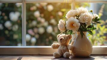 AI generated Bear Sitting by Flower Vase photo