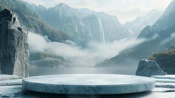 AI generated Floating Platform Surrounded by Mountains photo