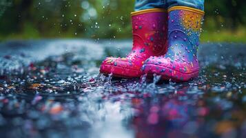 ai generado niños rosado y azul lluvia botas salpicaduras en charcos foto