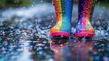 ai generado persona en azul lluvia botas en pie en lluvia foto