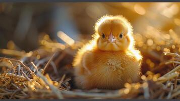 ai generado pequeño amarillo pollo en césped campo foto