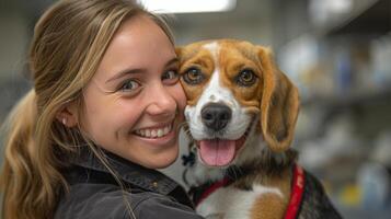 ai generado mujer participación perro en su brazos foto